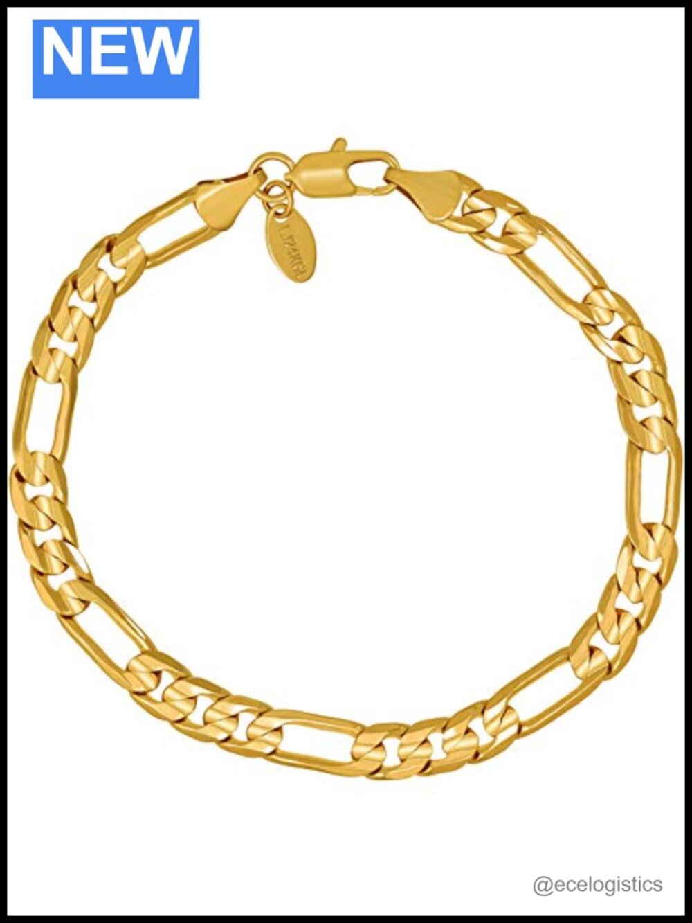 Diamond Cut Figaro Chain Bracelet 24K Gold Plated Link USA Made